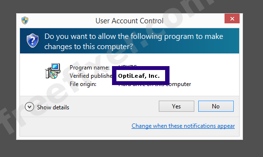 Screenshot where OptiLeaf, Inc. appears as the verified publisher in the UAC dialog